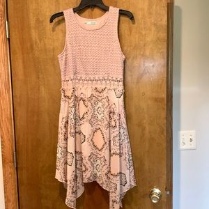 Pink dress with lace at waist and sheer skirt